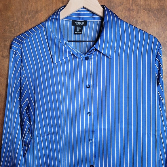 Jones and Co suiting stripe silky button up collared shirt blue black white XL - Picture 2 of 8